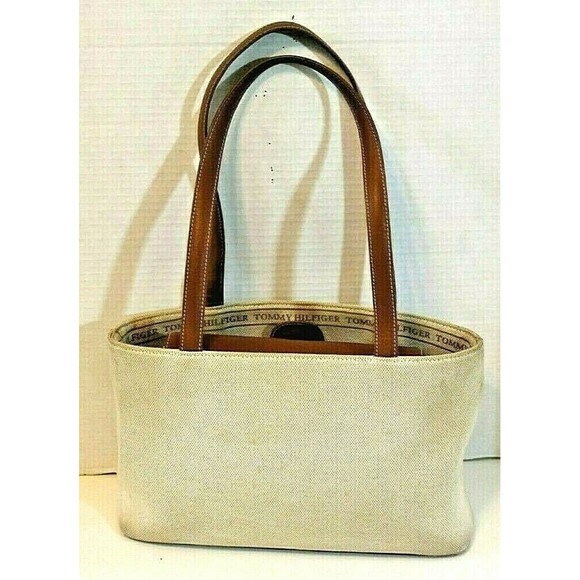 Tommy Hilfiger Shoulder Bag Vintage Tan Brown Canvas Purse Leather Handbag - Picture 9 of 10